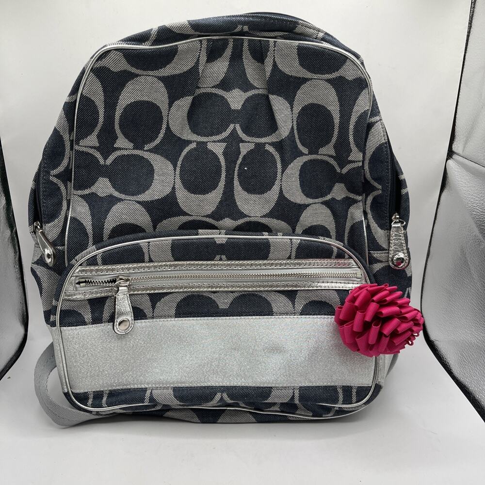 COACH Poppy Y2K Blue Denim Canvas Silver Leather Large Travel Book Backpack ASIS